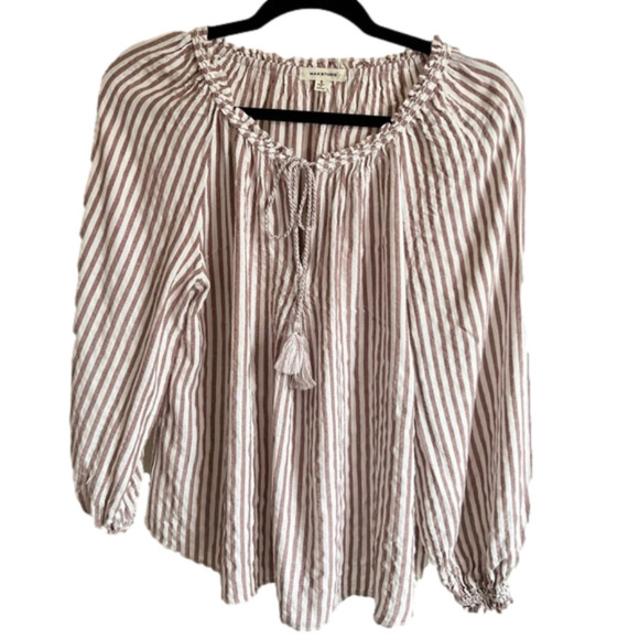 Max Studio Tops - 𝅺MAX Studio Long Sleeve Striped Ivory and Brown Blouse. Size Small. EUC.
